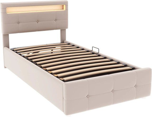 okwish Kinderbett mit LED-Beleuchtung und Lift-up-Funktion in Beige, B/T/H: 90 x 200 x 52 cm - Bild 1