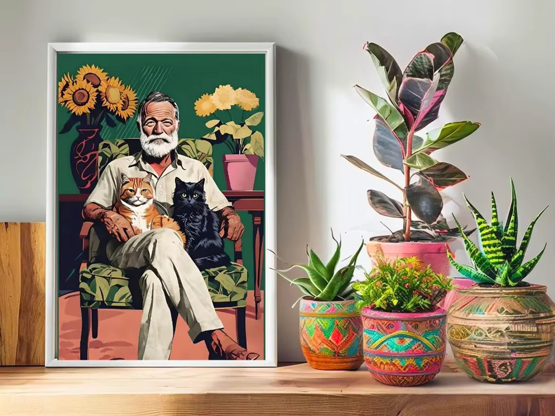 Hemingway Cats Wandkunst von SHENCHEN – Bunte Grafik mit Ernest Hemingway und Polydactyl-Katzen als Poster - Bild 3