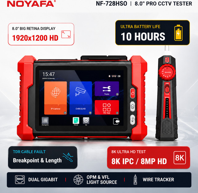 NOYAFA NF-IPC728HSO 8-Zoll IP-Kamera-Tester mit 8K IPC CCTV-Funktion, 48V PoE-Ausgang, ONVIF, TDR, HDMI und VGA Kabeltestgerät in Rot - Bild 1