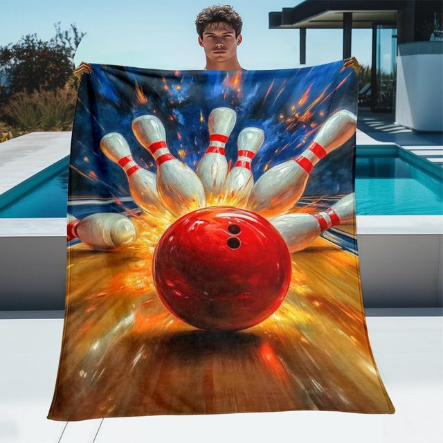 Weiche Fleece Decke mit Bowling-Design für Sportfans, B/B: 100 x 125 cm, Mehrfarbig - Bild 1