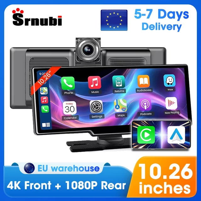 Srnubi 4K Dash Cam mit 10,26 Zoll In-Cell Bildschirm, Wireless CarPlay und Android Auto, Auto DVR mit GPS, Wi-Fi und Nachtsicht, Schwarz - Bild 1