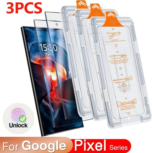 3er-Set LLCOHA Panzerglas Displayschutz für Google Pixel 10 9 Pro XL 8 8A 9a 7 7a 5G, transparent mit Staubentfernungs-Kit und Fingerabdruck-Kompatibilität - Bild 1