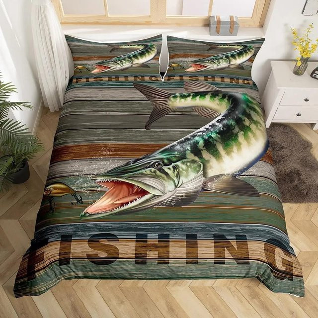 JMG Household Supplies Bettwäsche Hecht und Barsch mit Streifenmuster, Bettbezug und Kissenbezug für Jungen und Teenager, Multicolor, Breite: 135 cm, Länge: 200 cm - Bild 1