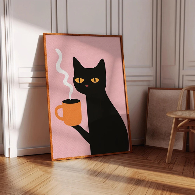 Minimalistischer Wandkunstdruck von SHENCHEN mit schwarzer Katze und Kaffeetasse auf zartrosa Hintergrund, modernes Katzenposter aus Papier - Bild 1