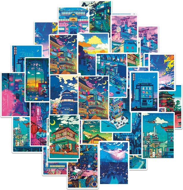 Cartoon Anime Street Night View Aufkleber Set mit ästhetischen Landschaftsmotiven in Multicolor für Laptop, Koffer und Gitarre - Bild 1