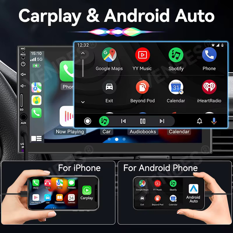 VENBES 1 DIN Autoradio mit 7 Zoll HD-Touchscreen, CarPlay, Android Auto, Bluetooth und Mirror Link in Schwarz - Bild 3