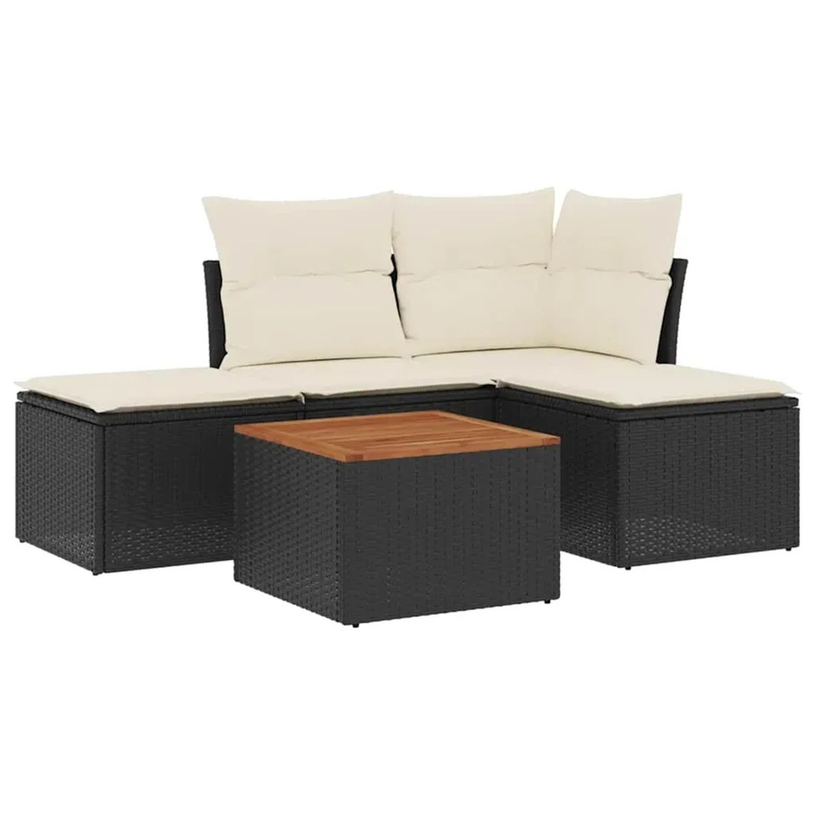 vidaXL 5-teilige Garten-Sofagarnitur aus Poly-Rattan und Akazienholz in Schwarz-Creme mit Kissen - Bild 2