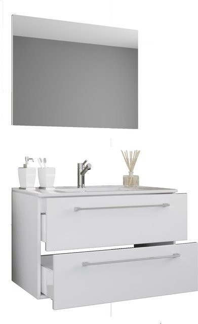 VCM Badinos 3-tlg. Badmöbel Set hängend in Weiss mit Keramik-Waschtisch und Spiegel B/H/T: 80 x 50 x 46 cm - Bild 1