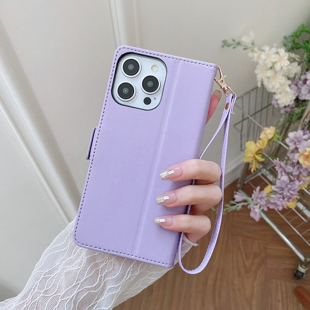 AIMONCASE Leder Flip Handyhülle für iPhone 16 Pro Max und 16 Plus mit Kartenfächern und Riemen in Pink oder Purple - Bild 1