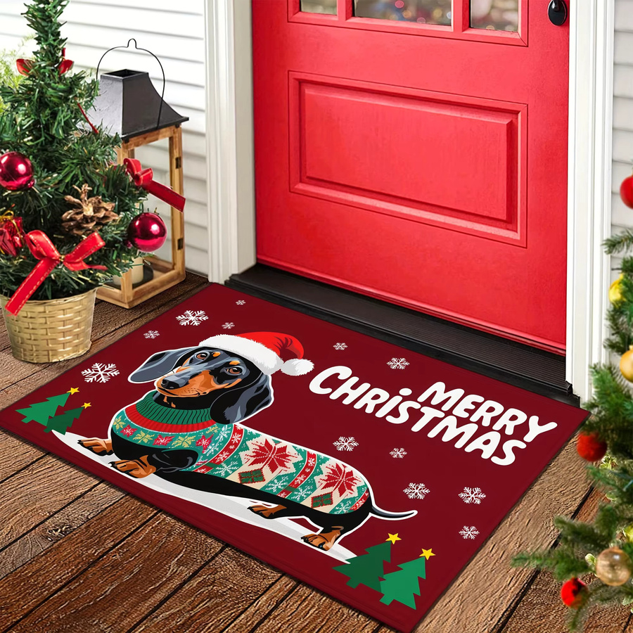 VIKAMA Weihnachts-Willkommensmatte mit Dackel-Hund, rutschfeste Dekomatte aus Polyester in Rot, B/T: 60 x 40 cm - Bild 4
