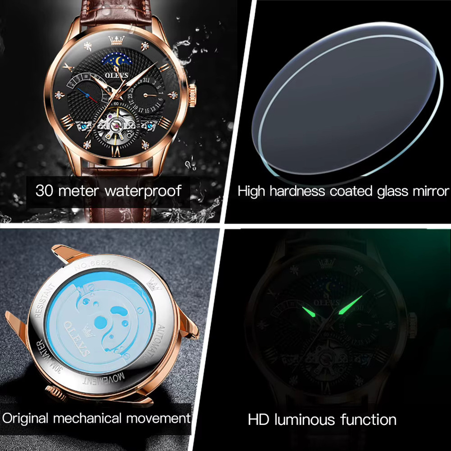 OLEVS Herrenuhr, Automatik, Leder, Schwarz, Roségold, Wochentag - Bild 5