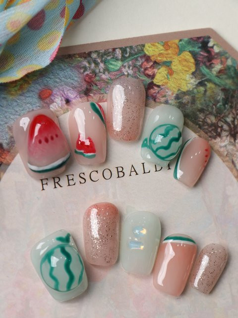 XEERCOOU Press-on-Nägel Wassermelonen-Motiv, 10 Stück, Glänzend - Bild 1