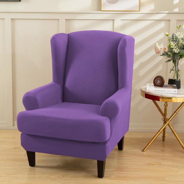 Ohrensesselbezug aus Stretch-Spandex mit floralem Muster und Kissenbezug in Violett - Bild 1