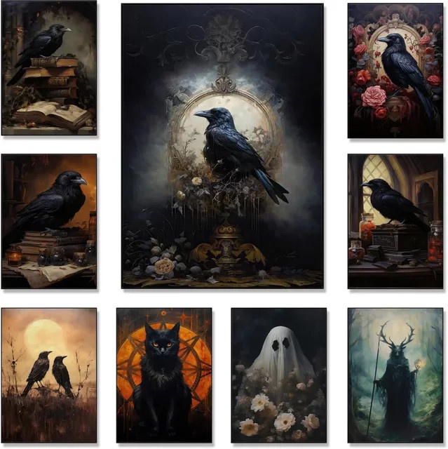 Diamantmalerei Potdemiel im viktorianischen Gothic-Stil mit schwarzer Katze und Rabe, Vintage Wanddekoration in Schwarz - Bild 1