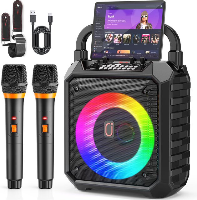 FanFun Karaoke-Maschine T17-T mit 2 Mikrofonen, Bluetooth Karaoke-Lautsprecher mit LED-Licht in Schwarz - Bild 1