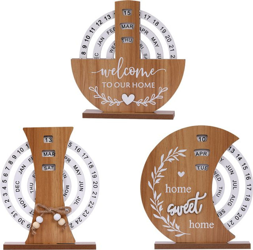 Ewiger Kalender aus Holz in Braun mit rotierendem Plattenspieler-Design für Büro und Schreibtisch - Bild 1