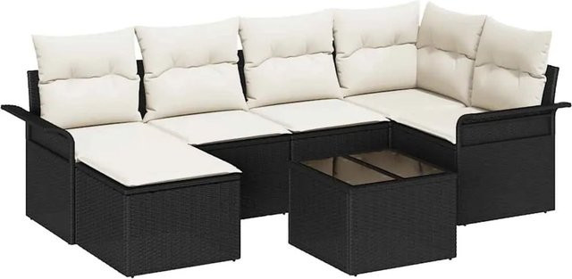 vidaXL Garten-Sofa-Set aus Polyrattan in Schwarz mit Kissen, 7-teiliges L-Shape Lounge-Set für Terrasse und Garten mit 3-Sitzer, Sessel, Ottoman und Tisch - Bild 1
