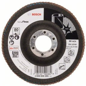 Bosch Fächerschleifscheibe X581 Best for Inox für Glas und Metall, Durchmesser: 115 mm, Bohrung: 22,23 mm, Körnung: 80, Farbe: Schwarz - Bild 1