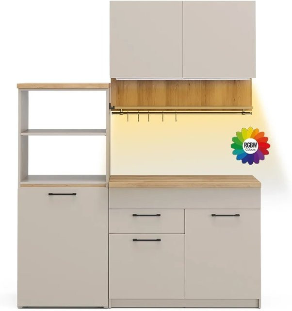 Vicco Egbert Singleküche in Greige mit ausziehbarem Tisch und LED-Leisten, Breite: 160 cm - Bild 1