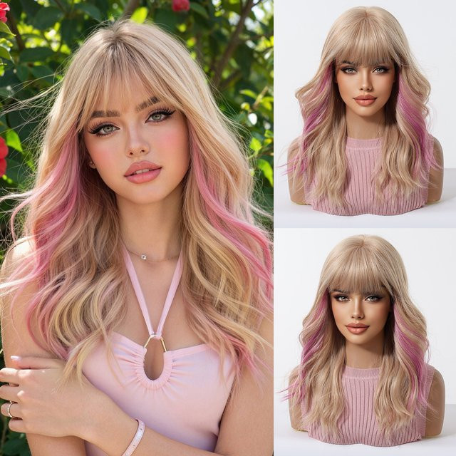HENRY MARGU Perücke, Ombre Blonde und Pink, Lange Lockige, Synthetikhaar mit Pony - Bild 1