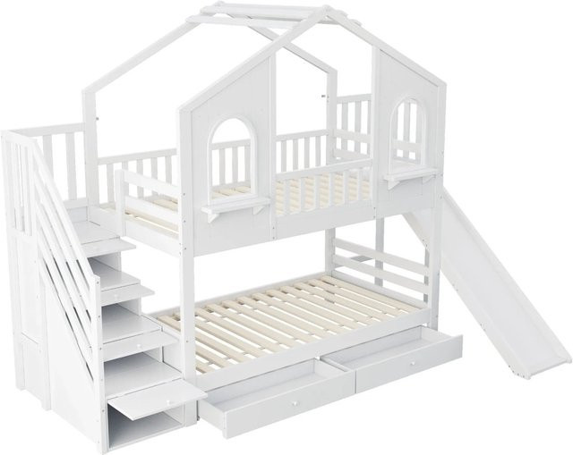 Merax Kinder-Etagenbett im Hausdesign mit Rutsche und Schubladen, Farbe Weiß, B/T/H: 90 x 200 x 120 cm - Bild 1