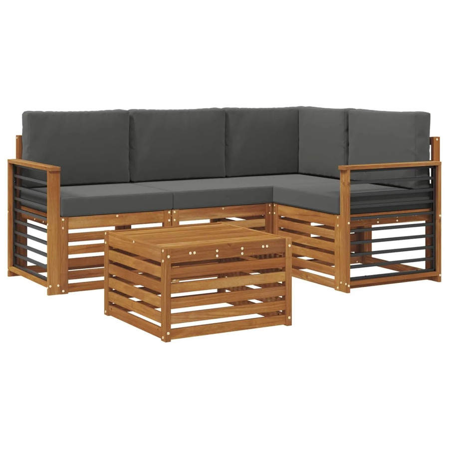 vidaXL 5-teiliges Gartenmöbelset L-Form aus Akazienholz in Natur und Anthrazit mit Kissen - Bild 2