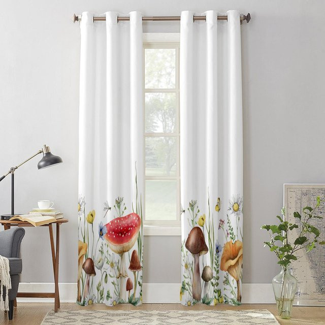 Super Six Vorhang mit Blumen- und Pilzdesign in Weiß, semi-transparent, Breite: 135 cm, Höhe: 60 cm - Bild 1