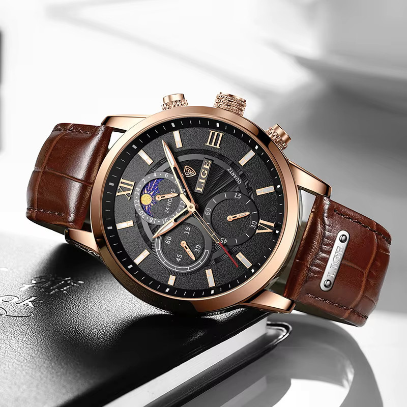 LIGE Armbanduhr Quarz, Leder, Schwarz, Silber, Herren - Bild 6