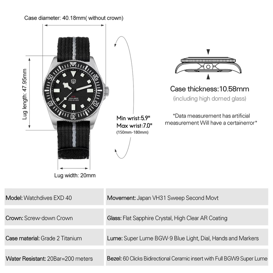 Watchdives Taucheruhr Titan, Quarz, 40 mm, Herren, Saphirglas, Textil/NATO - Bild 2
