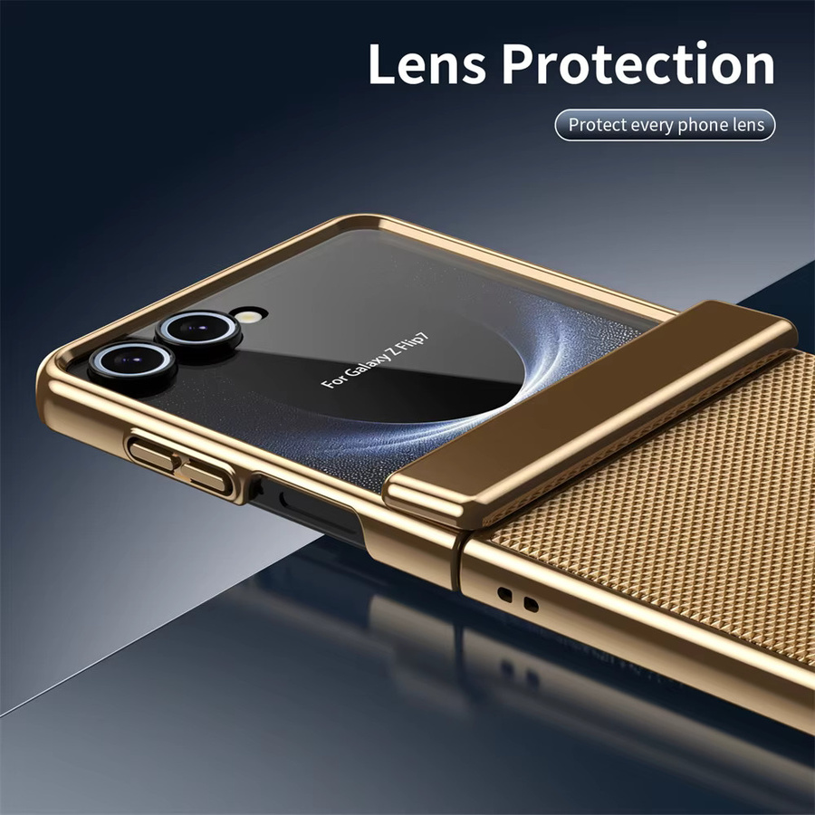 Samsung Galaxy Z Flip Schutzhülle mit mattem AG-Glas, Scharnier-Vollschutz und Frontfolie in Orange und Gold - Bild 3
