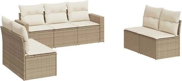vidaXL 7-teilige Garten-Sofagarnitur in L-Form aus Poly-Rattan in Beige mit Sitz- und Rückenkissen - Bild 1
