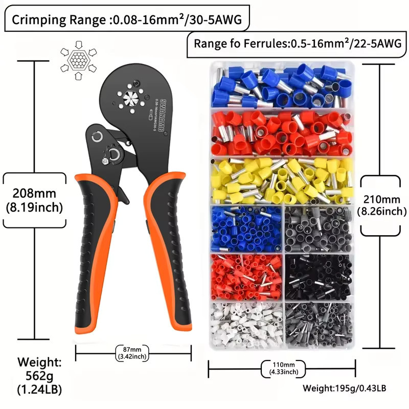 SANJIANG Aderendhülsen-Crimpwerkzeug-Set mit Sechskant-Crimpzange und 1000 Anschlussklemmen für AWG 28–5 (0,08–16 mm2) - Bild 2