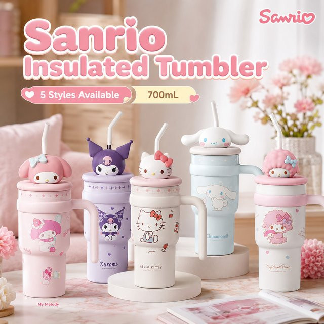 Sanrio Trinkbecher mit Strohhalm Hello Kitty Kuromi My Melody My Sweet Piano Doppelwandige Edelstahl-Wasserflasche 700ml - Bild 1