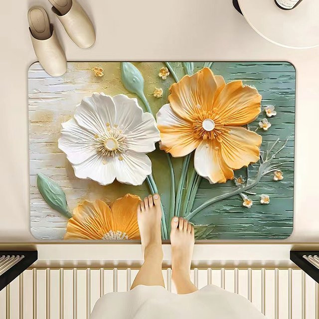 VIKAMA Blumen-Bodenmatte im Ölgemälde-Stil, rutschfeste und saugfähige Fußmatte mit floralem Design in Multicolour - Bild 1