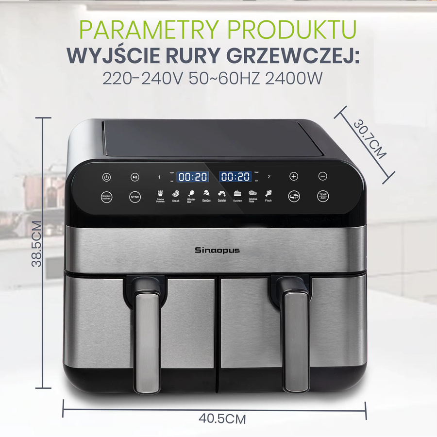 Sinaopus Doppelkorb Heißluftfritteuse mit 10 Litern Volumen, 2400 W, Dual Zone Technologie, LED-Touch-Steuerung, Schwarz - Bild 6