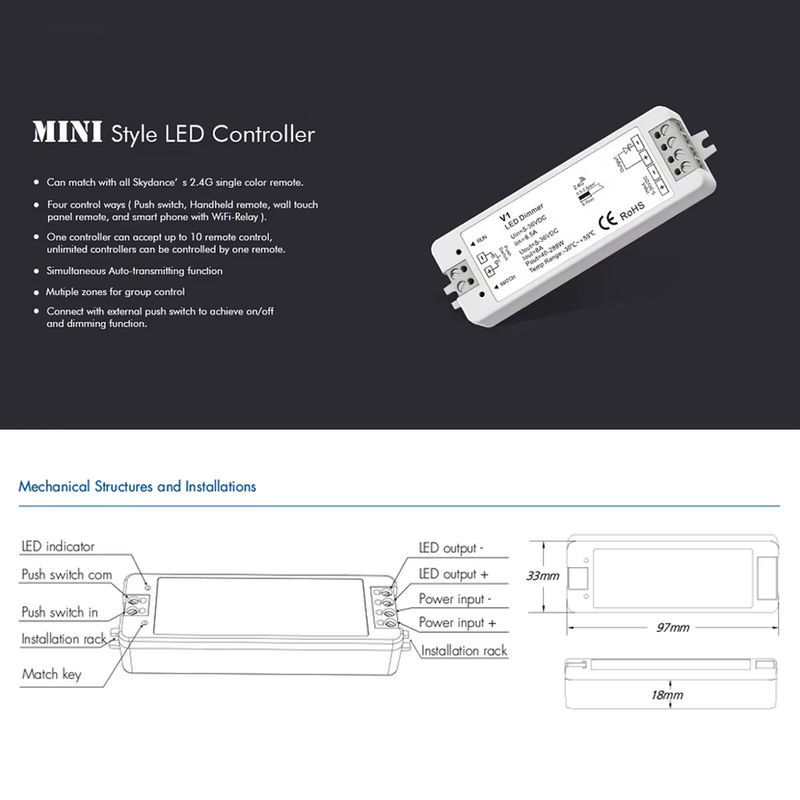 CENFAYA V1 LED-Dimmer Set mit 2,4g HF-Fernbedienung und Touch-Schalter für einfarbige LED-Streifen, 1 Kanal, 5V 12V 24V 36V - Bild 3