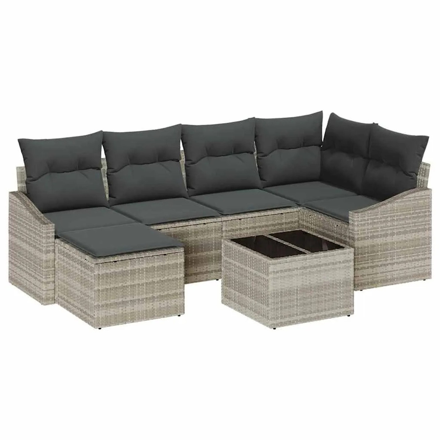 7-teiliges vidaXL Garten-Sofa-Set in Hellgrau aus Poly-Rattan und Stahl mit Polsterung und Tisch - Bild 2
