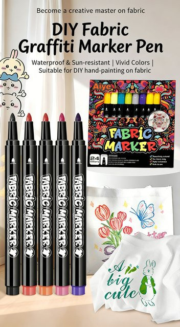kissbuty Textilmarker-Set mit 12 oder 24 Farben, ungiftige und permanente Textilstifte mit Feinspitze in Mehrfarben - Bild 1