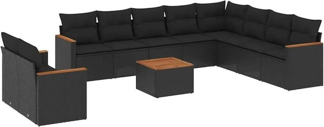 vidaXL 11-teilige Garten-Sofagarnitur in L-Form aus Polyrattan und Akazienholz mit Kissen in Schwarz - Bild 1