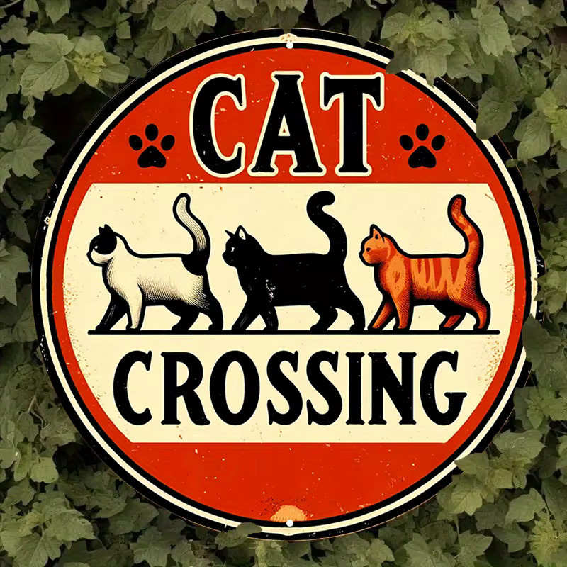 Potdemiel Retro Cat Crossing Vintage Metallschild aus Aluminium, rund, Mehrfarbig, Durchmesser: 20 cm - Bild 5