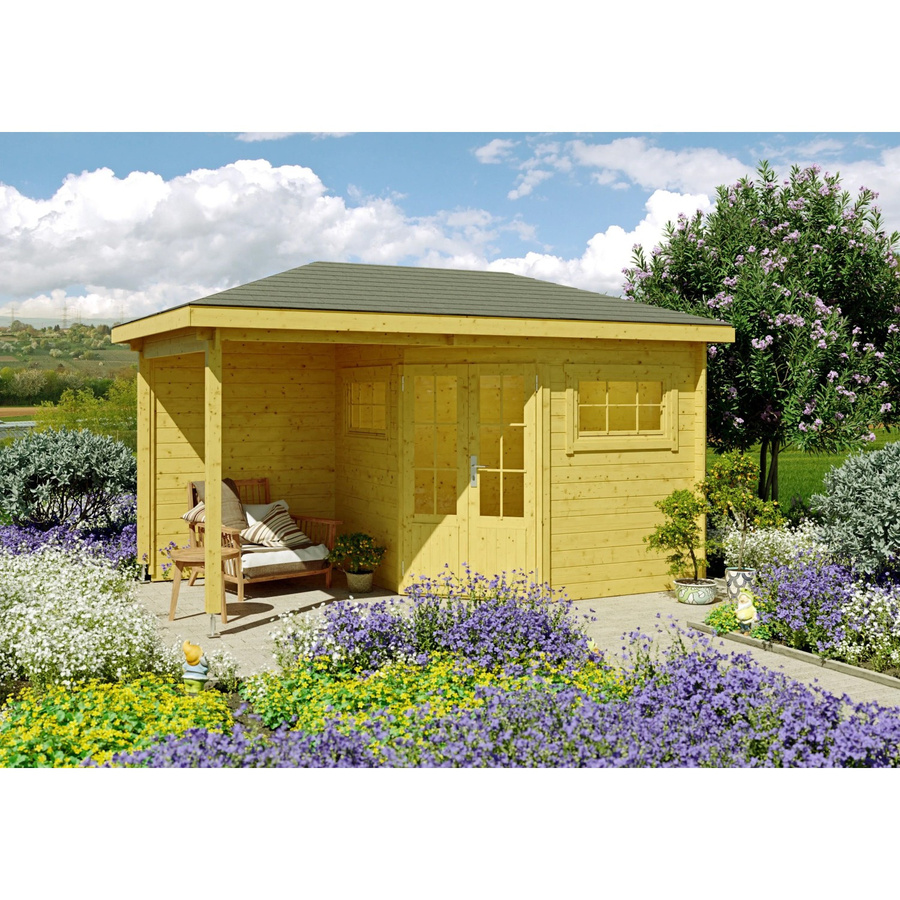 Fjordholz Gartenhaus Modell Evelyn 2B 5-Eck aus imprägnierter Kiefer in Braun und Gelb mit Fenster und Tür - Bild 2