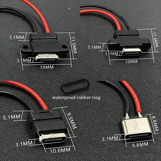 YuXi USB-C-Buchse mit 2-Pin Wasserdichtigkeit und Schraubenloch, schwarzer Schnellladeanschluss USB-Steckverbinder mit Kabel - Bild 1