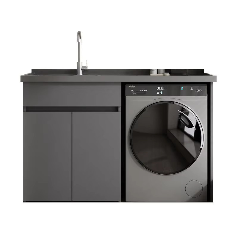 Moderner Waschmaschinen-Schrank mit integriertem Waschbecken aus Aluminium in Grau Matt für Balkon und Badezimmer - Bild 2