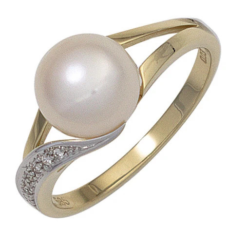 Colfem Ring 585 Gelbgold, Perle, Diamant, Brillanten, Damen, Ringgröße 52 - Bild 1