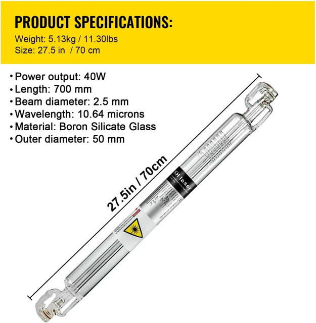 SIHAO CO2-Laserglasröhre als Ersatzteil für Laser-Gravier- und Schneidemaschinen, transparent, Röhrenlänge: 700 mm bis 1670 mm - Bild 1