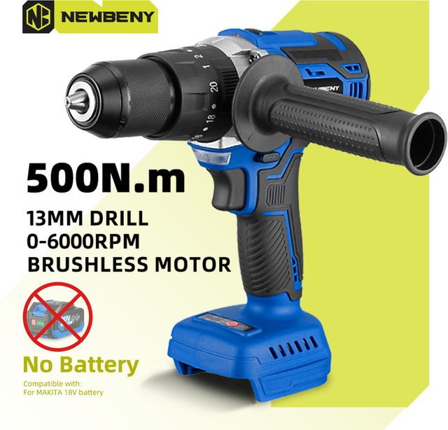 NEWBENY Bürstenloser Akku-Bohrschrauber in Blau, 13 mm, kompatibel mit Makita LXT Akkus, multifunktionaler kabelloser elektrischer Schraubendreher mit 20+3 Stufen - Bild 1