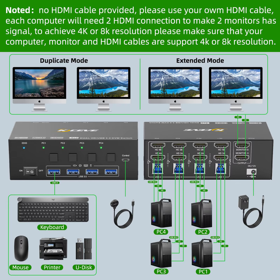 KCEVE 8K KVM-Switch HDMI mit 4 Ports für 4 PCs, USB 3.0, Dual Monitor Unterstützung mit EDID-Emulator, Schwarz - Bild 2