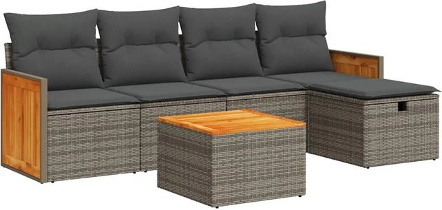 vidaXL 6-teilige Garten-Sofagarnitur in L-Form aus Poly Rattan mit Kissen und Tisch in Grau - Bild 1