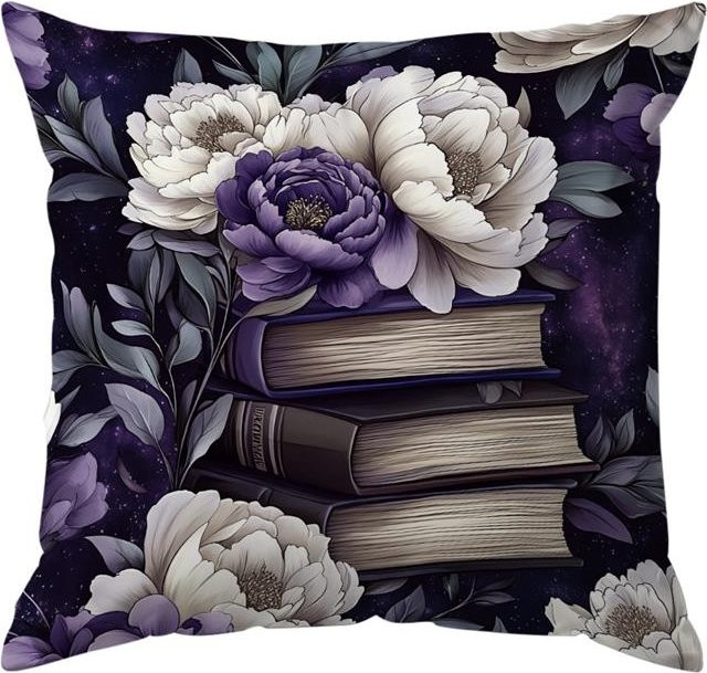 Dekorativer Kissenbezug JMG Clothing mit lila Blumen- und Bücher-Design, quadratisch, B/T/H: 50 x 50 x 0 cm - Bild 1