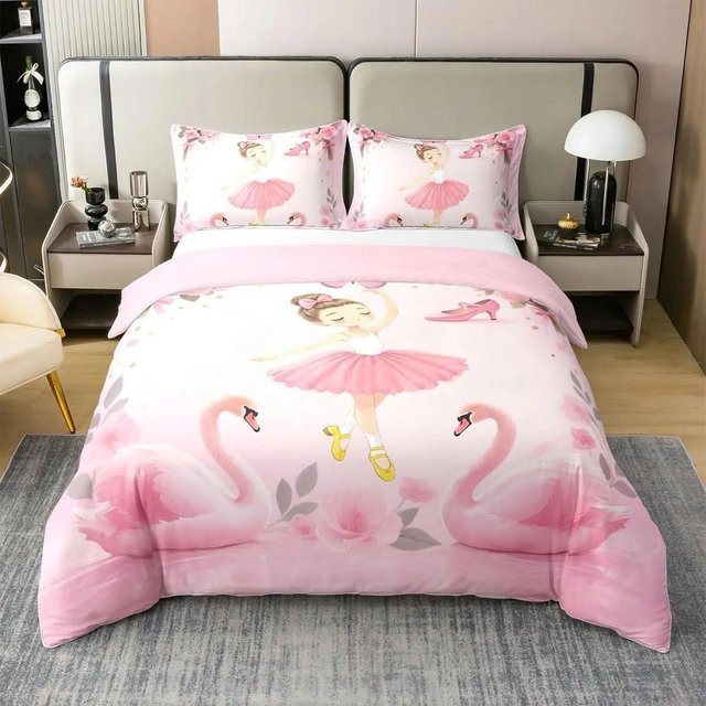 JMG Household Supplies Bettwäsche-Set mit Schwan- und Ballettmädchen-Motiv in Pink, bestehend aus Bettdeckenbezug und Kissenbezug aus Mikrofaser, B/H: 175 x 220 cm - Bild 1